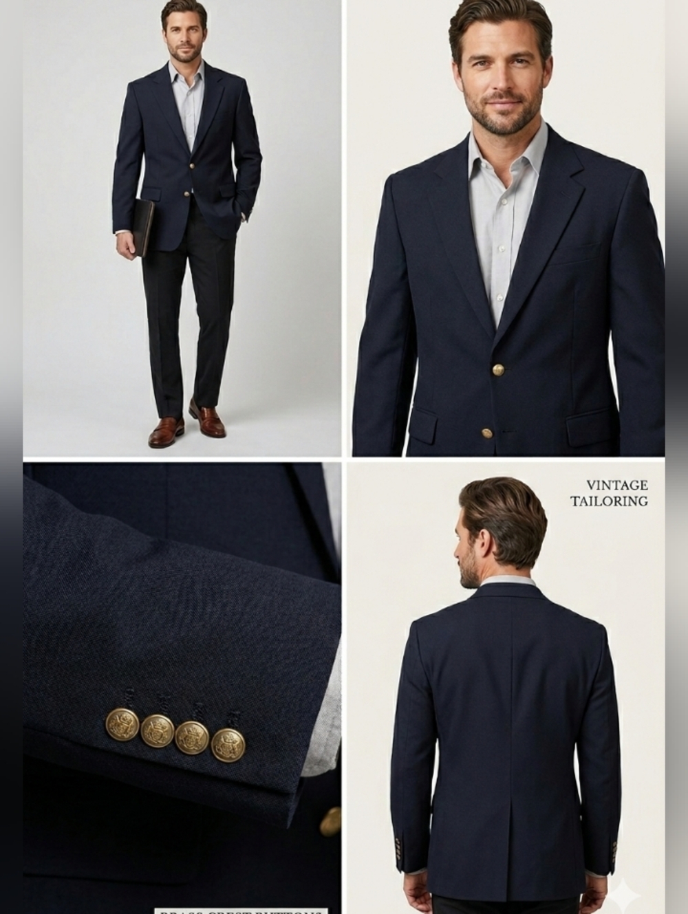 Vintage Navy Blue Wool Sports Blazer Brass Button Union Made USA Preppy Academia